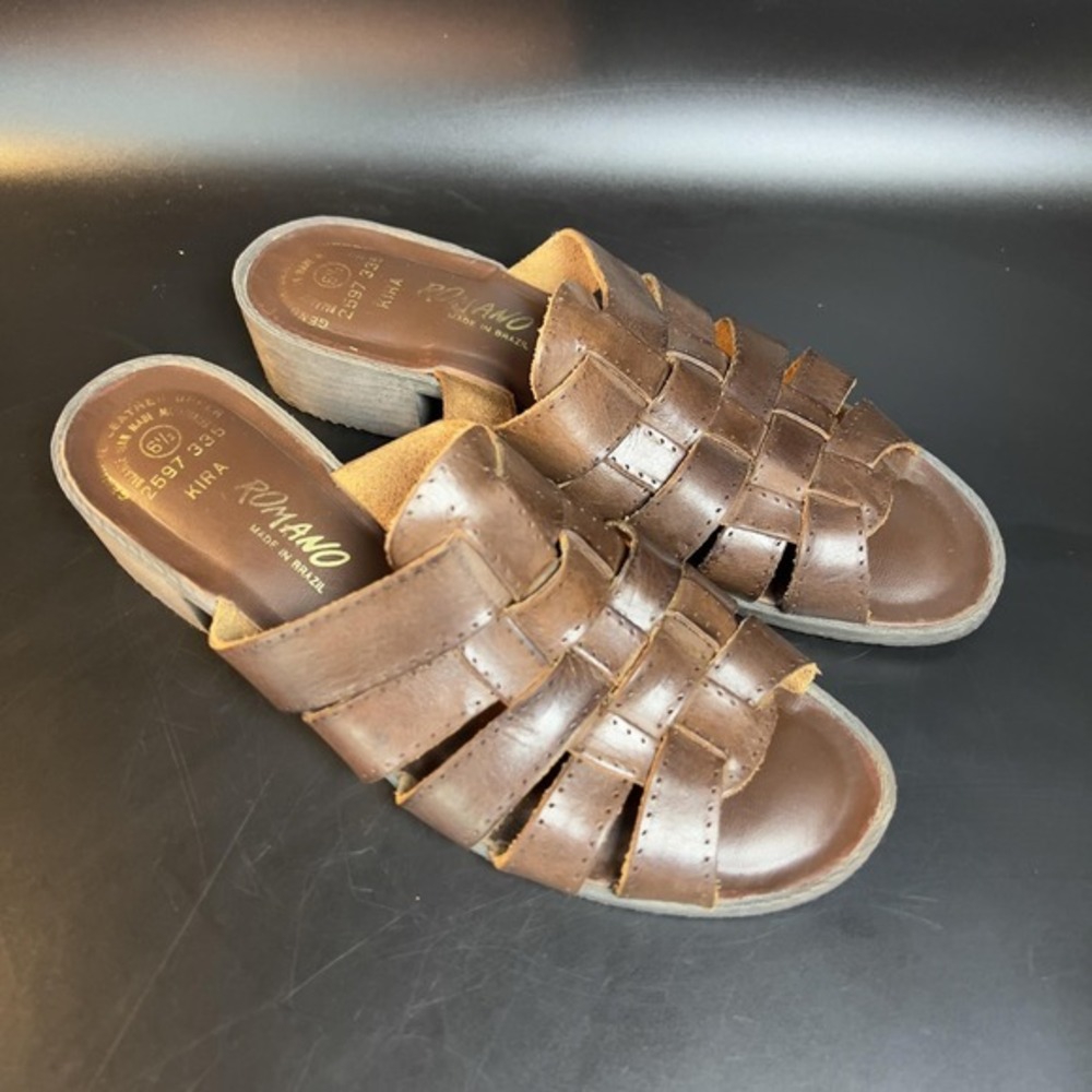Romano Kira 2597 335 Brown Leather Woven Slide Sandals Womens 6.5‎